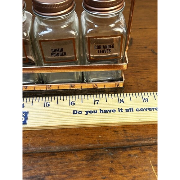 Vintage-esque Copper & Wood Spice Rack Urban Gourmet 10 Glass Jars - Picture 9 of 11